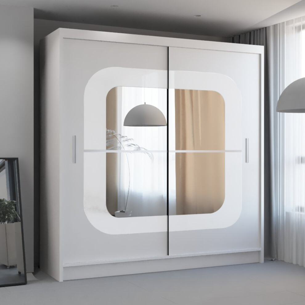 (150 cm, WHITE WITH WHITE STRIP) Leeds Modern Sliding Mirror Door Wardrobe