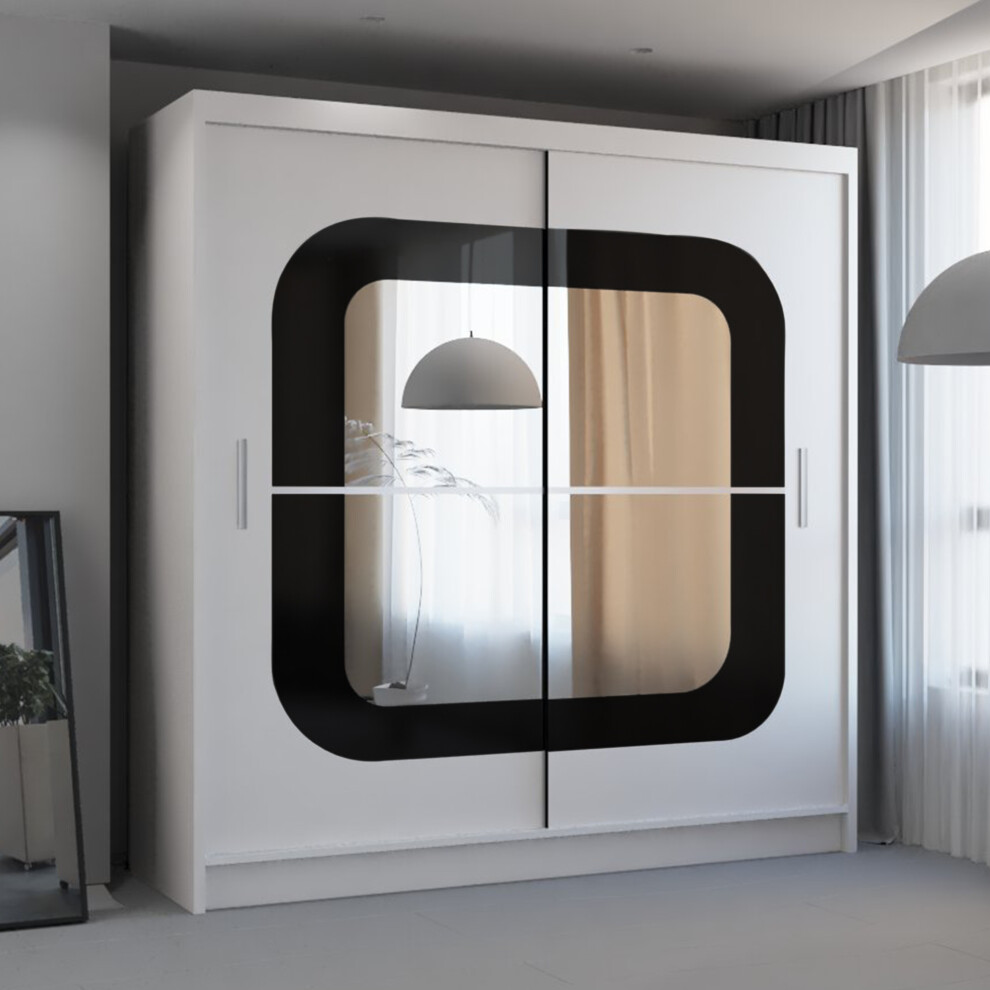 (150 cm, WHITE WITH BLACK STRIP) Leeds Modern Sliding Mirror Door Wardrobe