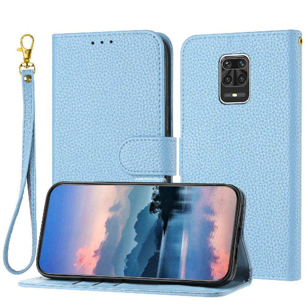 (Light ) Phone Case For Xiaomi Redmi Note 9S/Note 9 Pro Flip Folio Pu Lether Card Slots Holder Wallet Litchi Pattern Blue 764762561819