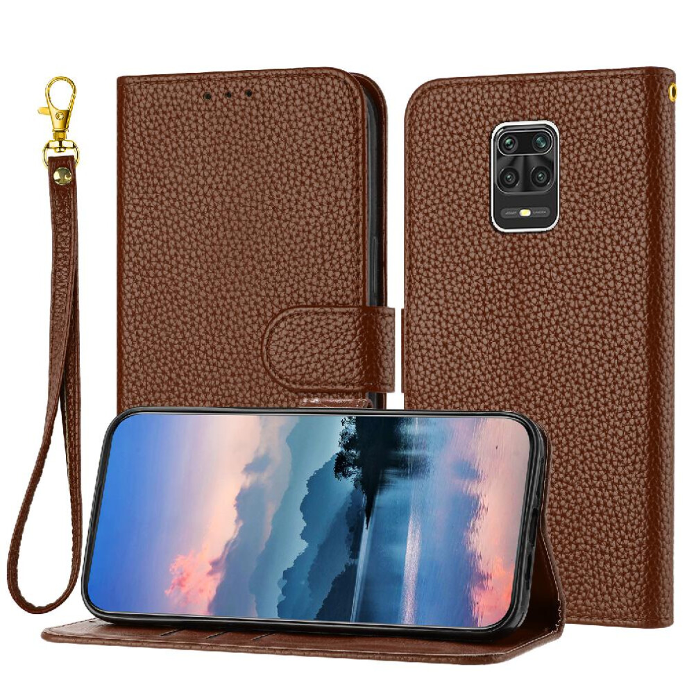 (Brown) Phone Case For Xiaomi Redmi Note 9S/Note 9 Pro Flip Folio Pu Lether Card Slots Holder Wallet Litchi Pattern Brown 764762561796