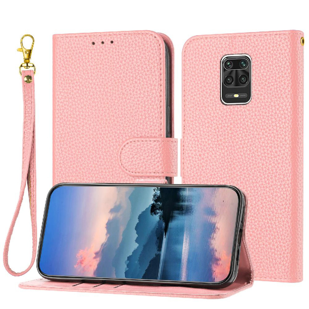 (Pink) Phone Case For Xiaomi Redmi Note 9S/Note 9 Pro Flip Folio Pu Lether Card Slots Holder Wallet Litchi Pattern Pink 764762561789