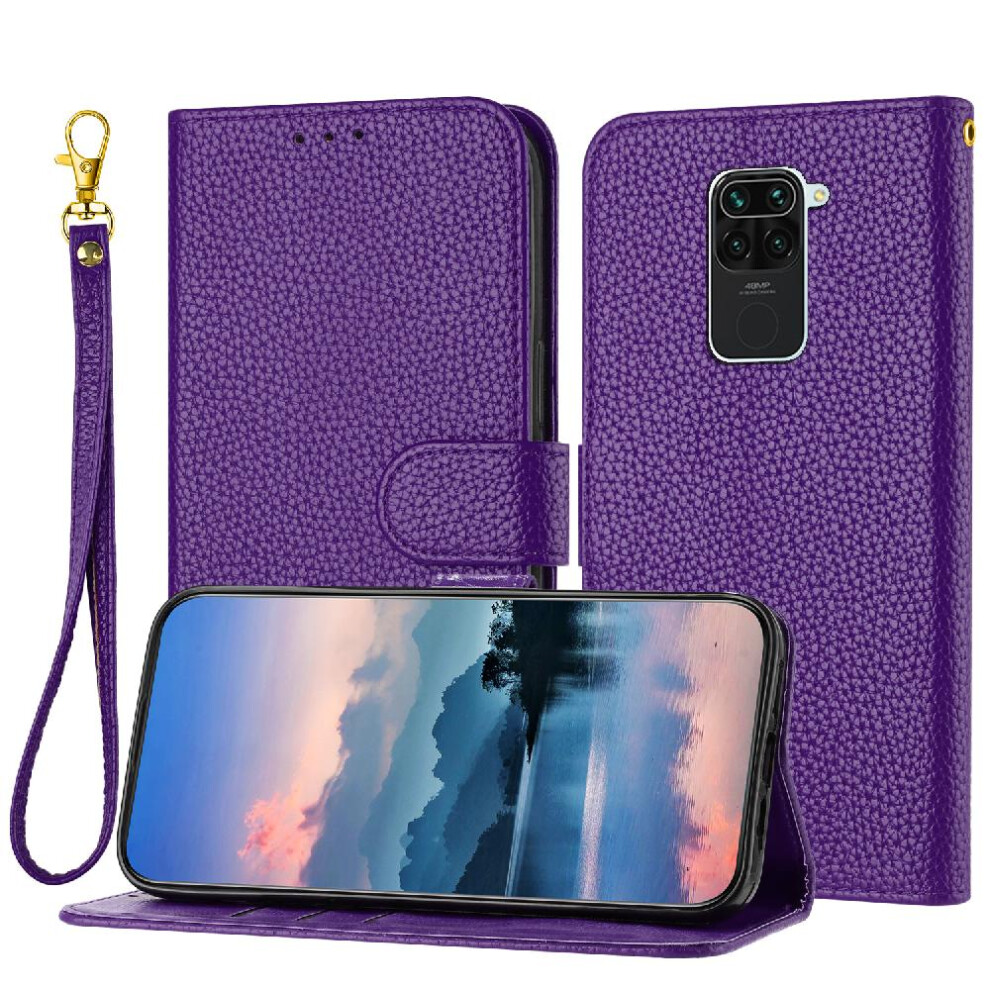 (Purple) Phone Case For Xiaomi Redmi Note 9 Flip Folio Wallet Litchi Pattern Card Slots Holder Pu Lether Purple 764762562229