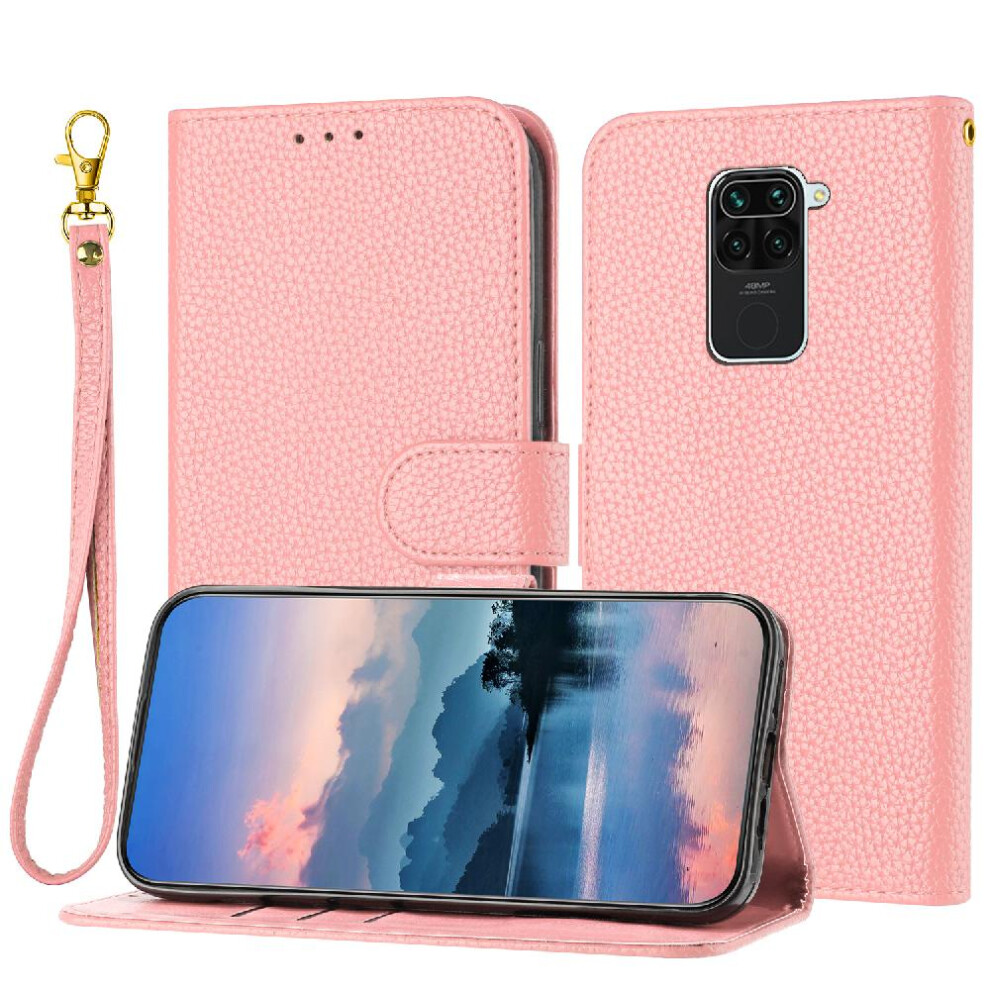 (Pink) Phone Case For Xiaomi Redmi Note 9 Flip Folio Wallet Litchi Pattern Card Slots Holder Pu Lether Pink 764762562236