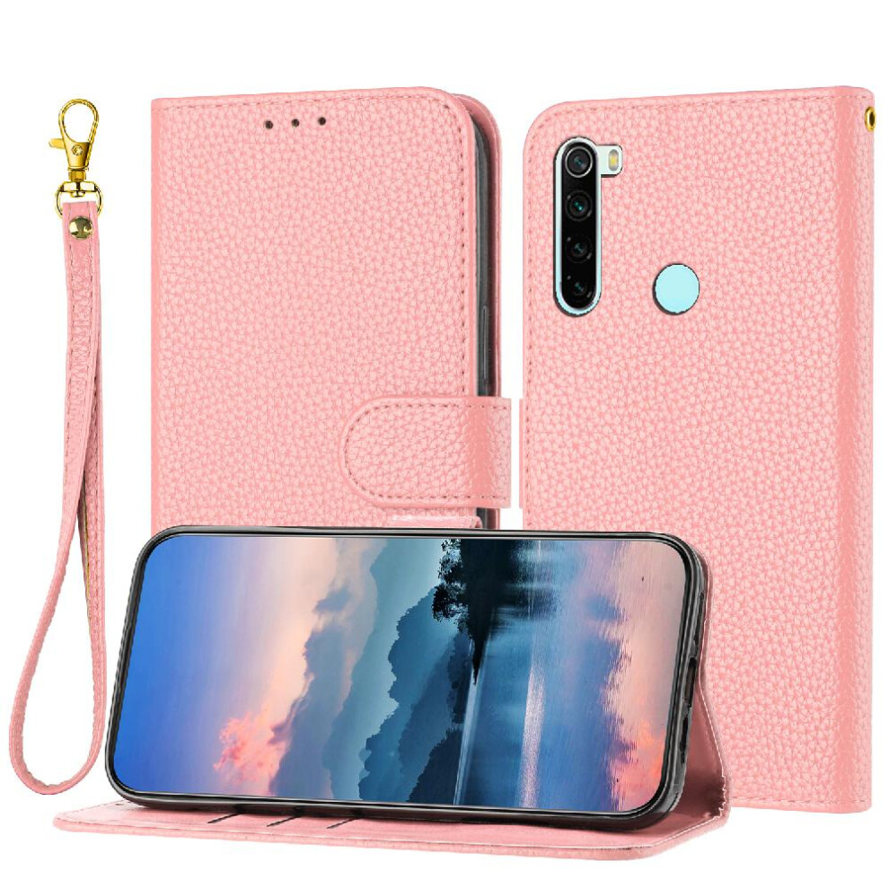 (Pink) Phone Case For Xiaomi Redmi Note 8 Wallet Pu Lether Card Slots Holder Flip Folio Litchi Pattern Pink 764762562618