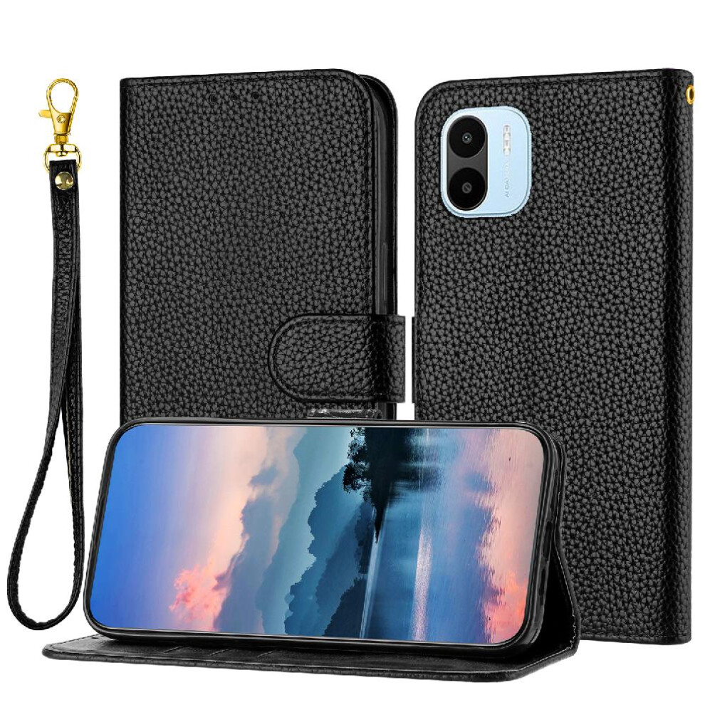 (Black) Phone Case For Xiaomi Redmi A1/A2 Litchi Pattern Flip Folio Card Slots Holder Wallet PU Lether