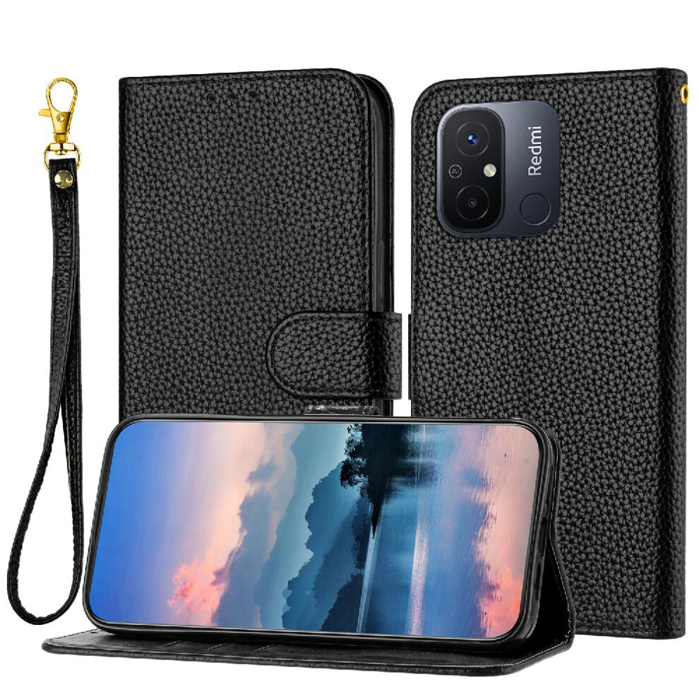 (Black) Phone Case For Xiaomi Redmi 12C Flip Folio Card Slots Holder Pu Lether Wallet Litchi Pattern Black 764762563271