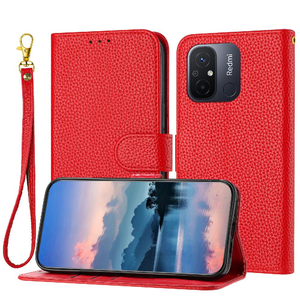 (Red) Phone Case For Xiaomi Mi 12C Flip Folio Card Slots Holder Pu Lether Wallet Litchi Pattern Red 764762563233