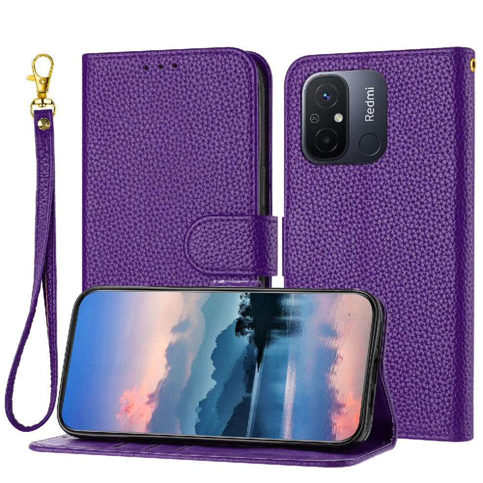 (Purple) Phone Case For Xiaomi Redmi 12C Flip Folio Card Slots Holder Pu Lether Wallet Litchi Pattern Purple 764762563240