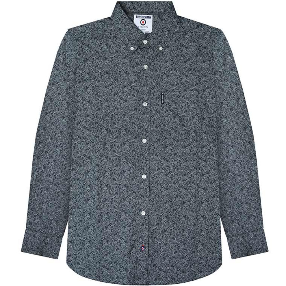 (S, Black) Lambretta Mens Tonal Paisley Long Sleeve Button Down Collar Shirt - Black