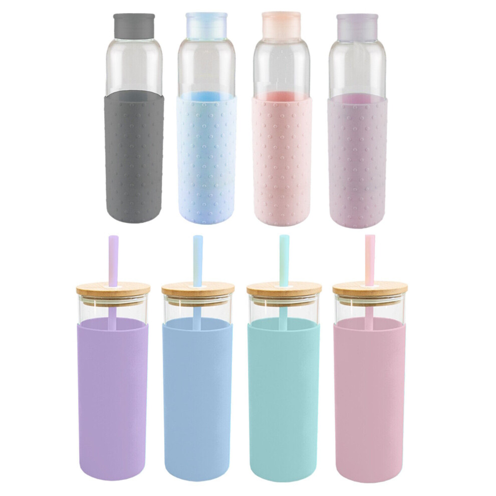 Glass Water Bottle 500ml Drinking Sports Gym Straw Protective Silicone Sleeve