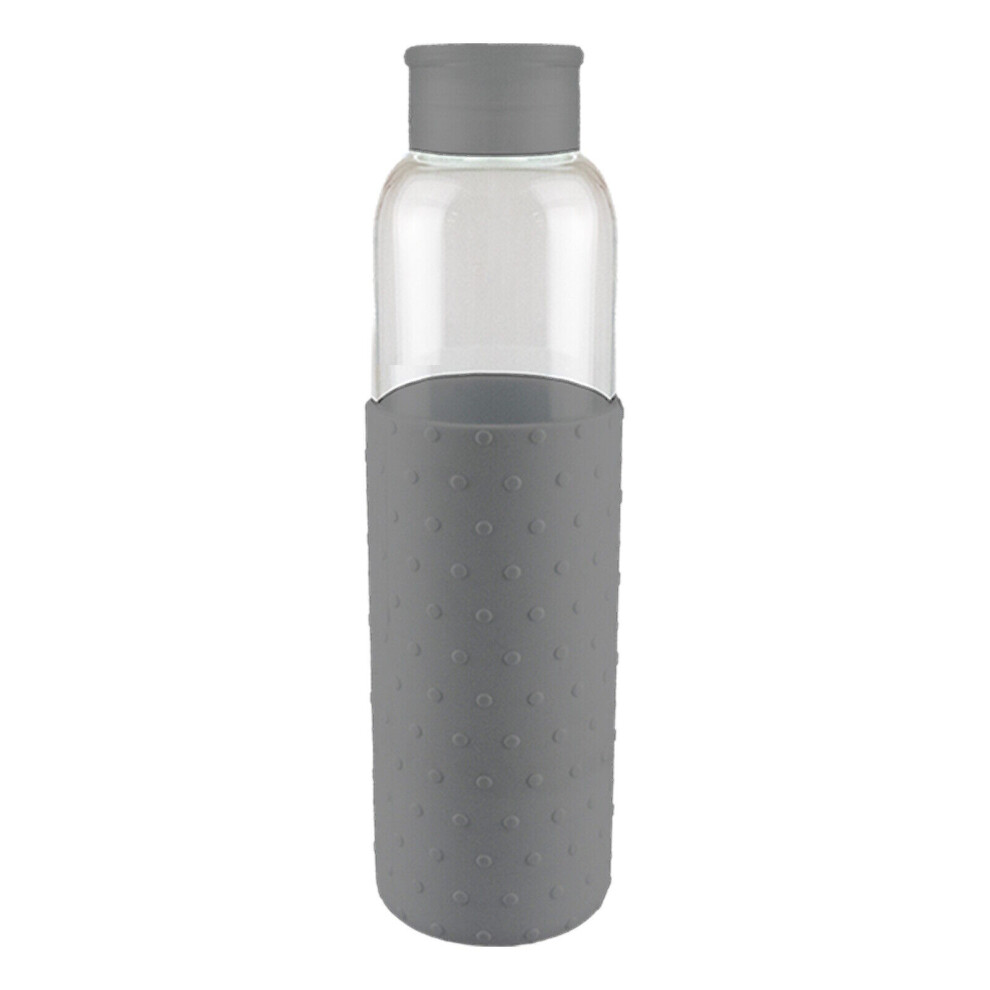 (Carry Handle Lid - Grey) Glass Water Bottle 500ml Drinking Sports Gym Straw Protective Silicone Sleeve