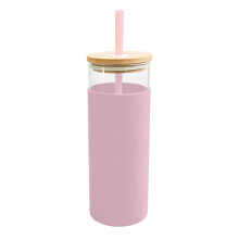 (Wooden Lid + Straw - Pink) Glass Water Bottle 500ml Drinking Sports Gym Straw Protective Silicone Sleeve