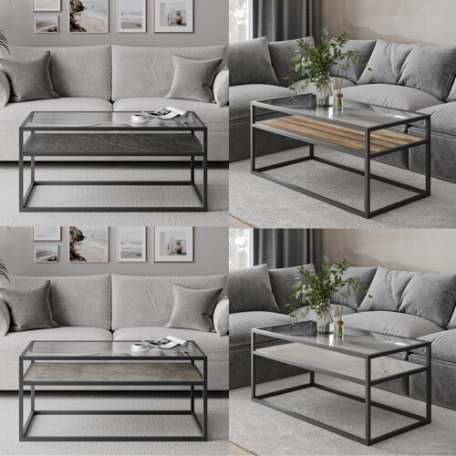 URBN Living Glass Display Top Coffee Table with Steel Frame Reversible Wooden Storage Shelf