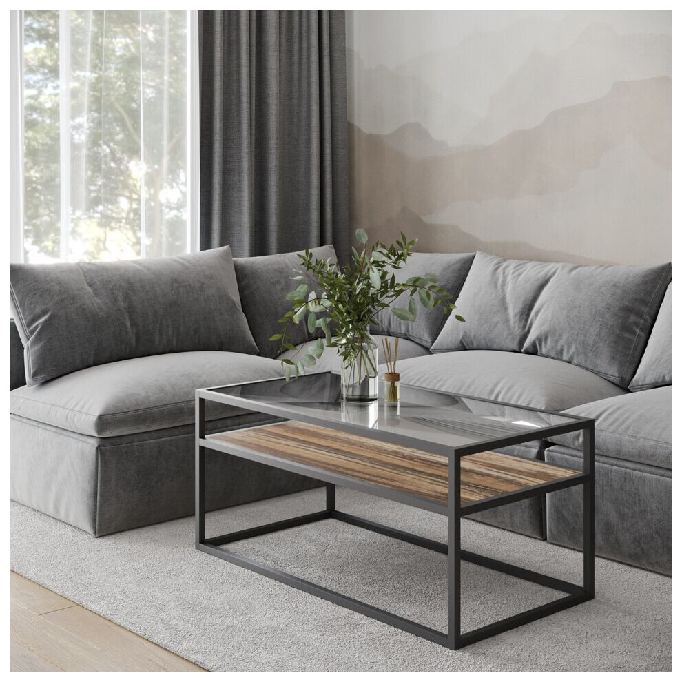 (Dark Walnut) Glass Display Top Coffee Table with Steel Frame Reversible Wooden Storage Shelf