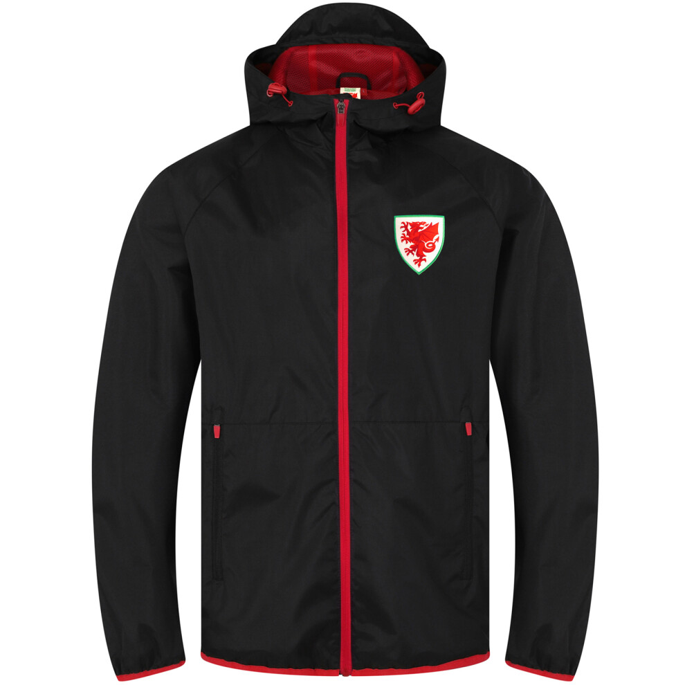 (Black, 2XL) Wales Cymru FAW Official Gift Mens Peaked Hood Shower Jacket Windbreaker