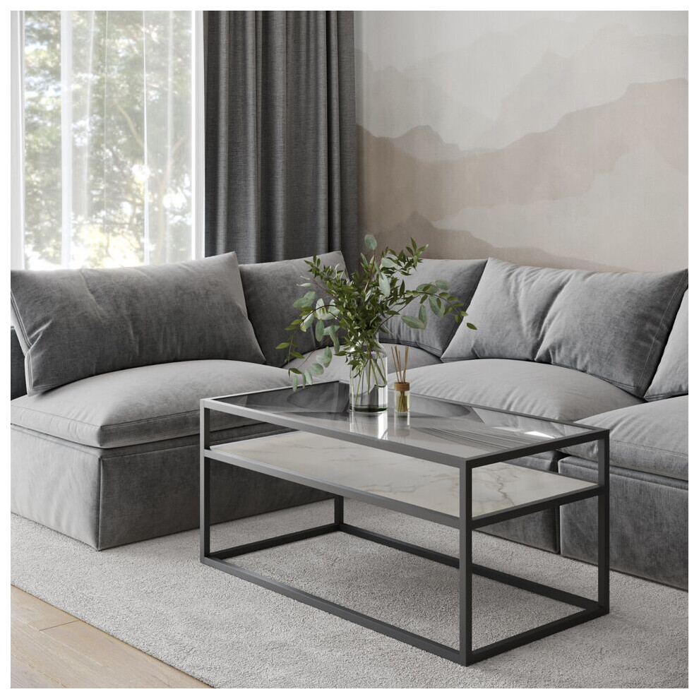 (White Stone) Glass Display Top Coffee Table with Steel Frame Reversible Wooden Storage Shelf