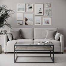 (Concrete) Glass Display Top Coffee Table with Steel Frame Reversible Wooden Storage Shelf