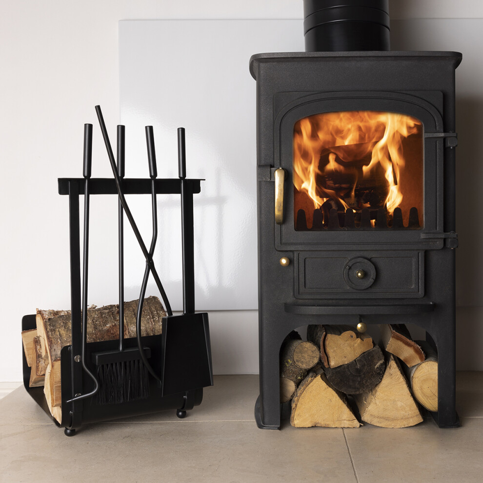Charles Bentley Snug Hazel Log Holder and Fireset Tool Stand Poker Tongs Brush Shovel Tool Stand Compact Matte Black