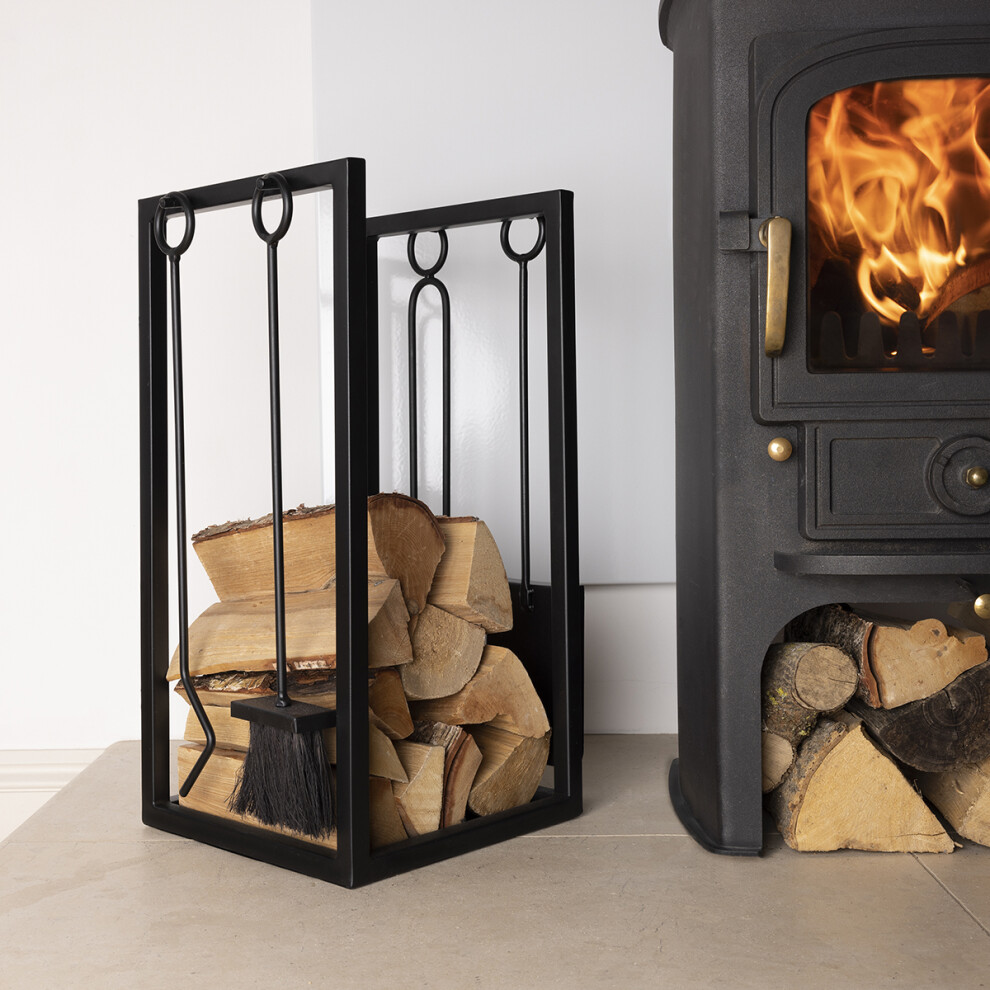 CHARLES BENTLEY Log Holder, Snug, Hornbeam, Wood Holder, Fireside, Companion Set, Iron, Tool Stand, Tongs, Brush, Poker, Shovel, Black, Matte,