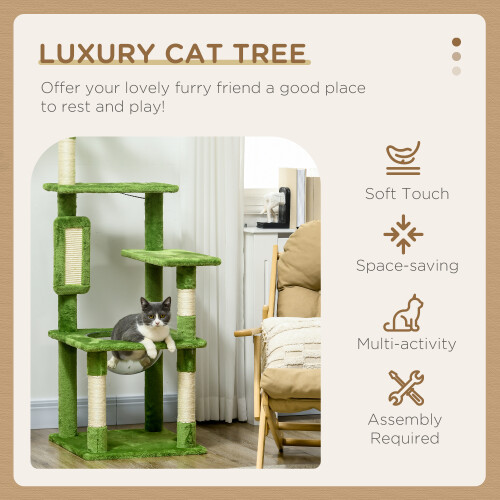 PawHut PawHut 142cm Cat Tree with Scratch Posts Hammock Platforms Toy Balls, Green 2