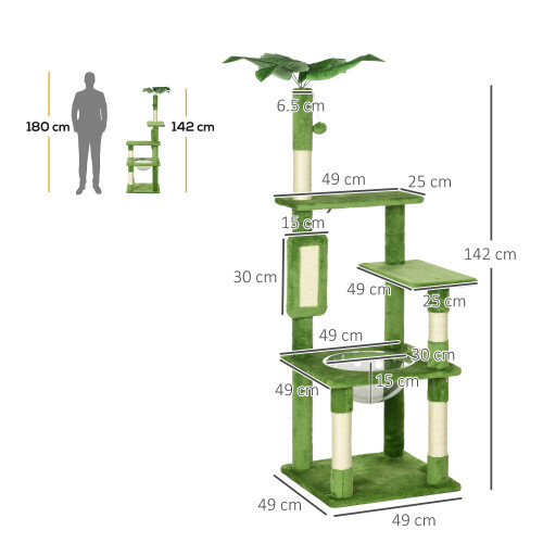 PawHut PawHut 142cm Cat Tree with Scratch Posts Hammock Platforms Toy Balls, Green 1
