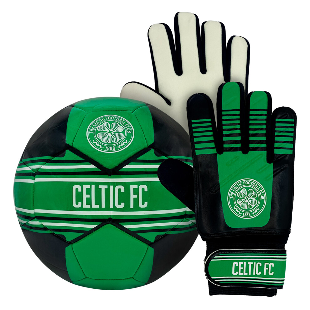 (Boys: 5-10yrs) Celtic FC Junior Size 4 Football & Goalkeeper Goalie Gloves Set OFFICIAL Gift