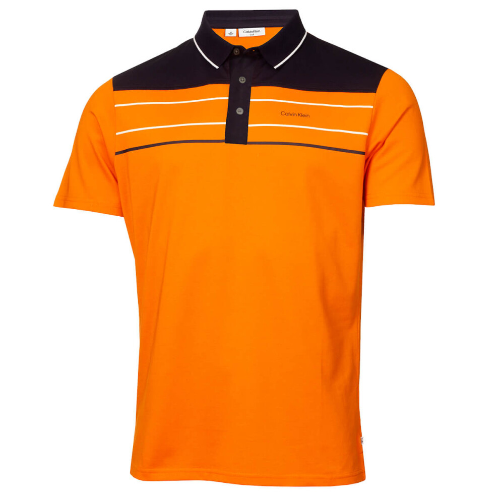 (S, Orange) Calvin Klein Mens 2023 Blackwater Sustainable Easy Care Golf Polo Shirt