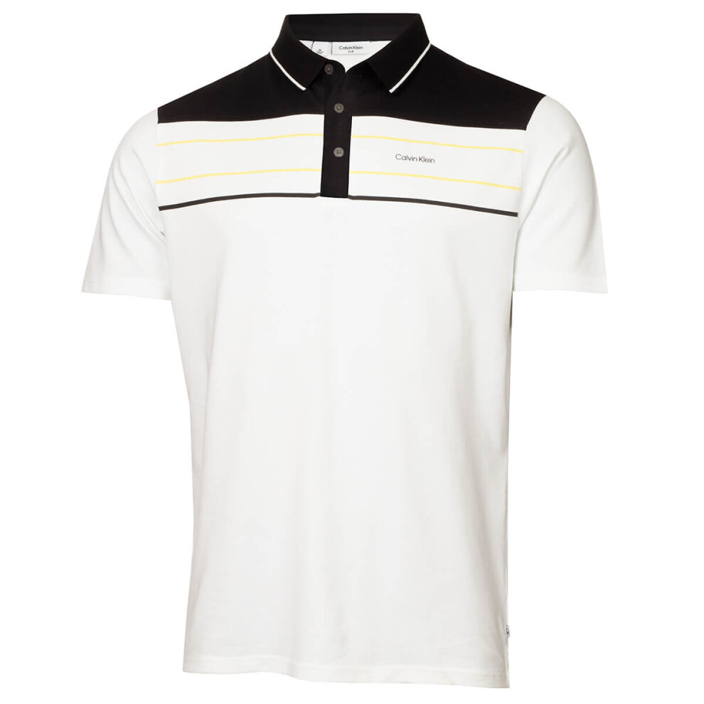 (XL, White/Yellow) Calvin Klein Mens 2023 Blackwater Sustainable Easy Care Golf Polo Shirt