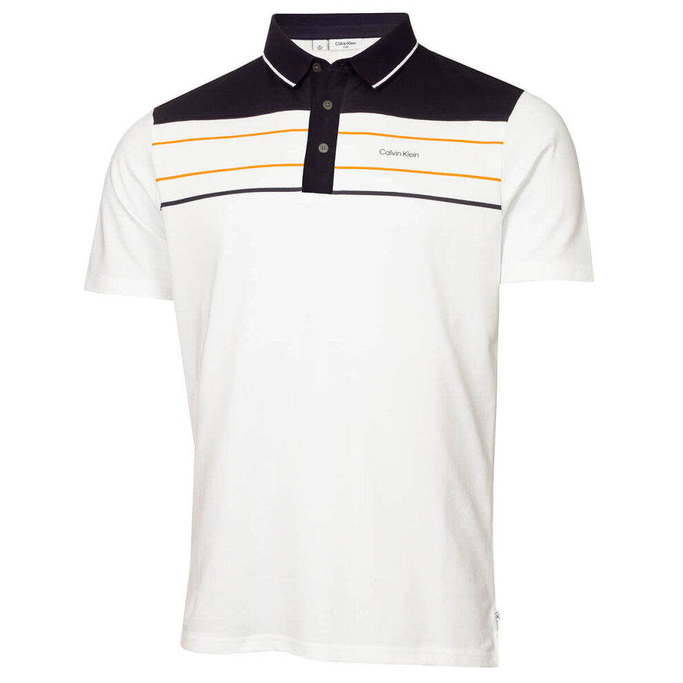 (S, White/Orange) Calvin Klein Mens 2023 Blackwater Sustainable Easy Care Golf Polo Shirt