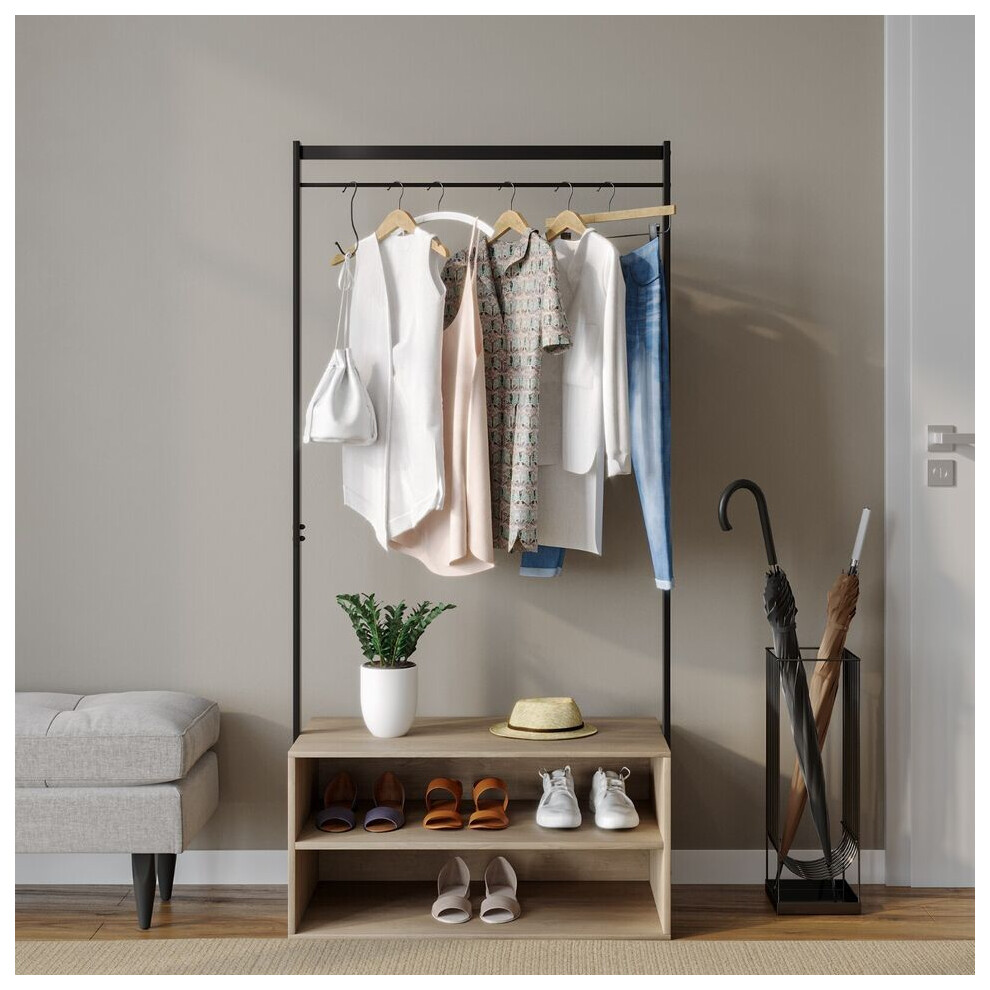 (Oak) Wooden Shoe Rack Shelf Storage & Metal Clothes Coat Garment Hanging Display Rail