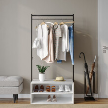 (White) Wooden Shoe Rack Shelf Storage & Metal Clothes Coat Garment Hanging Display Rail