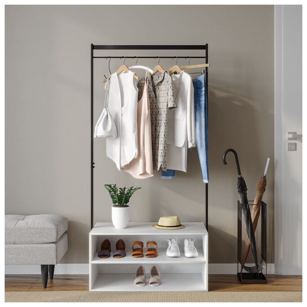 (White) Wooden Shoe Rack Shelf Storage & Metal Clothes Coat Garment Hanging Display Rail