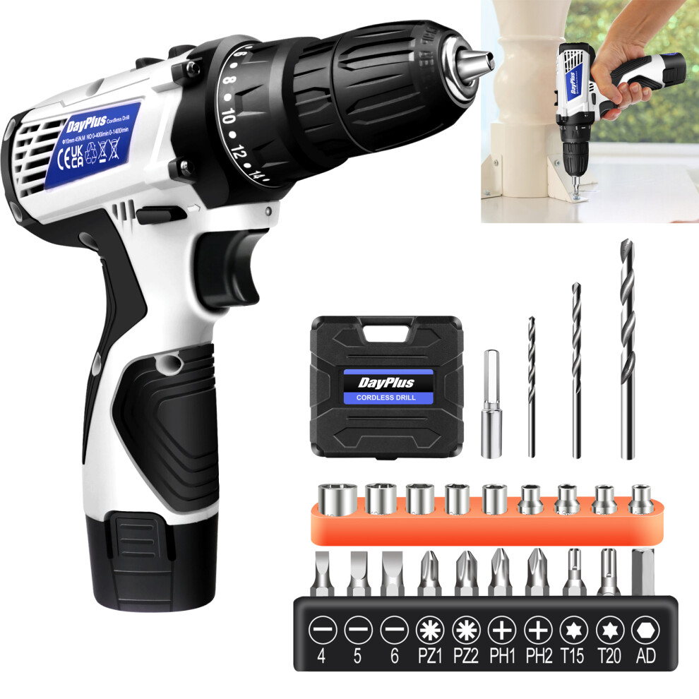 (1 Battery) Cordless Drill Driver with Recharge Li-ion Battery 23pcs Accessories in Case Electric Screwdriver 18+1 Torque w/ LED Worklight