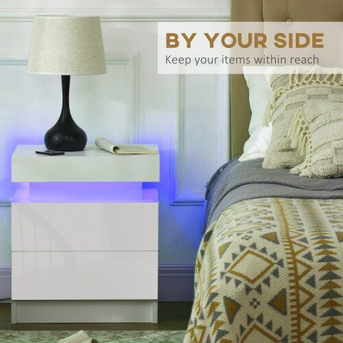Homcom HOMCOM High Gloss Bedside Table with LED Light and 2 Drawers, White 2