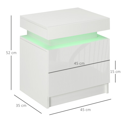 Homcom HOMCOM High Gloss Bedside Table with LED Light and 2 Drawers, White 1
