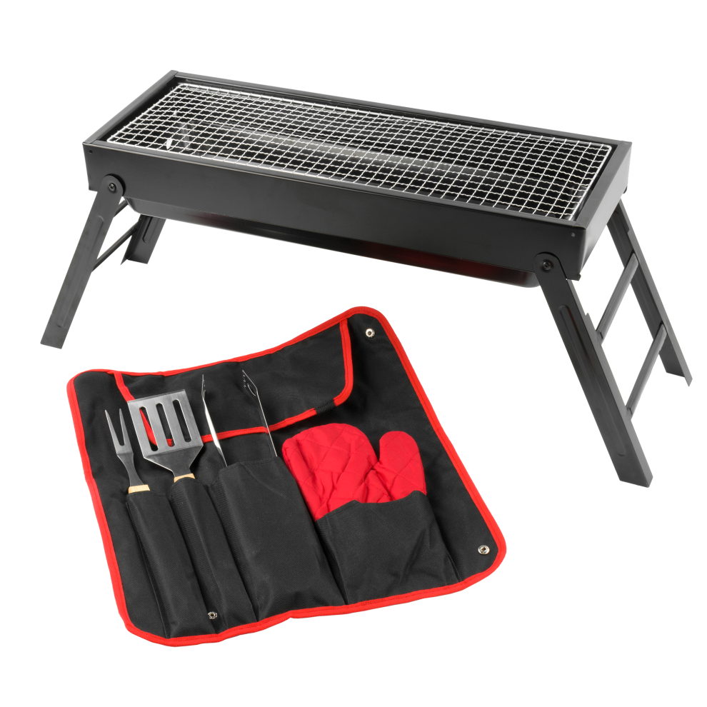 (KCT Folding Barbecue with Tool Set) KCT Foldable Portable Compact Charcoal BBQ Folding Picnic Grill Barbecue Stove for Outdoor Tabletop, Travel, Camp