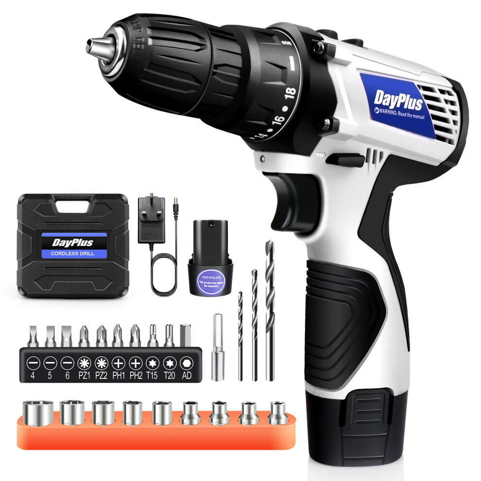 (1 Battery) Cordless Screwdriver Drill Driver Set Power Tool with Rechargeable Battery 23pcs Accessories Case for DIY Car Repair Workshop Garage