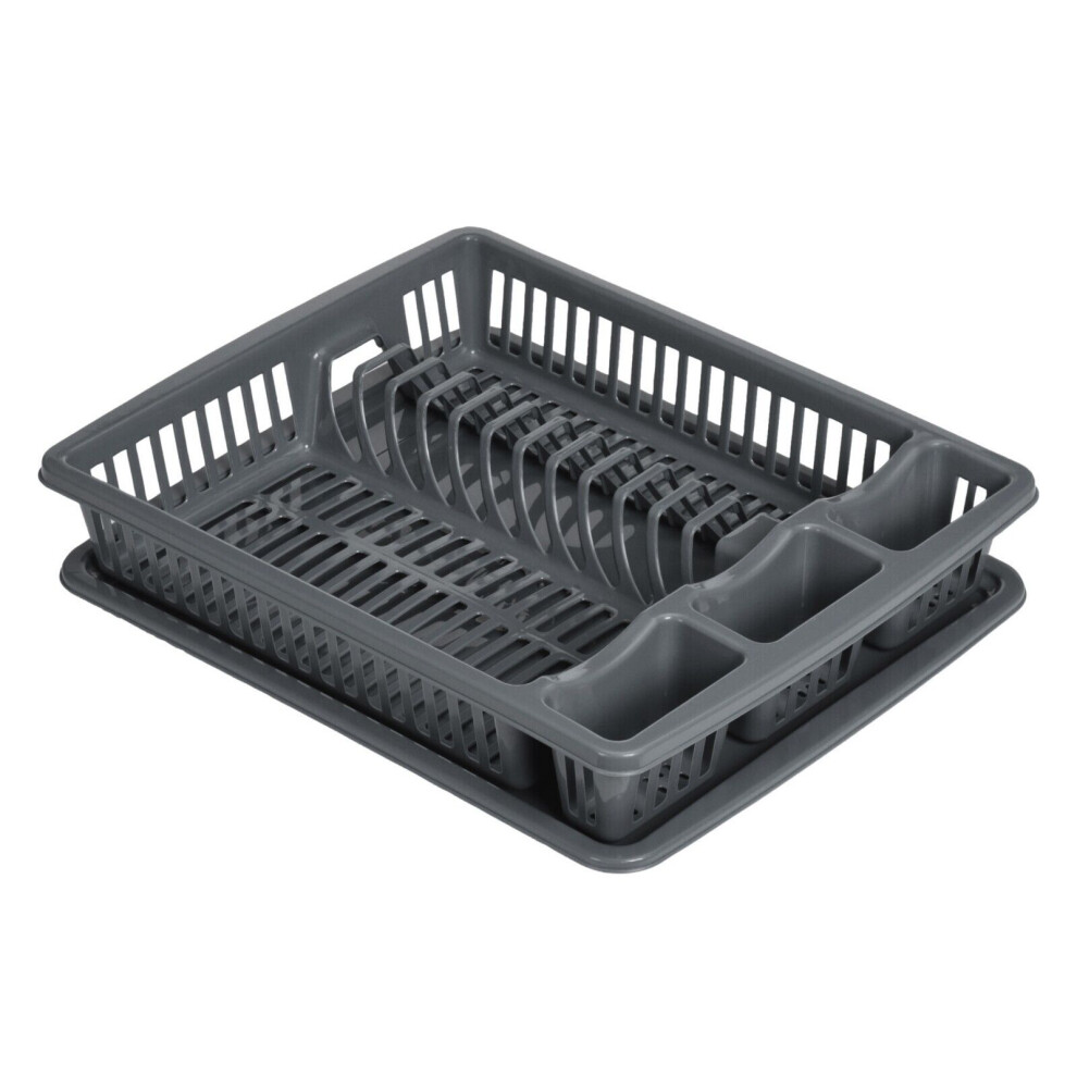 (Grey) Large Plastic Dish Drainer Cutlery Plate Cup Washing Up Sink Rack with Drip Tray