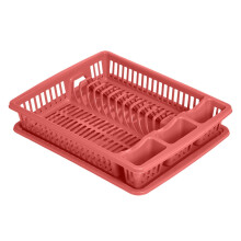 (Pink) Large Plastic Dish Drainer Cutlery Plate Cup Washing Up Sink Rack with Drip Tray