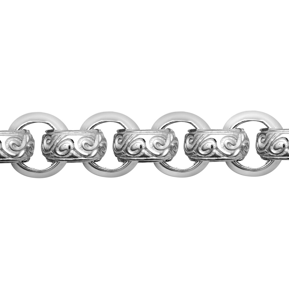 Jewelco London Men's Rhodium Plated Sterling Silver D-Shape Carved Scroll Rococo Belcher 13mm Chain Bracelet, 9 inch 23cm - ACN023B-9