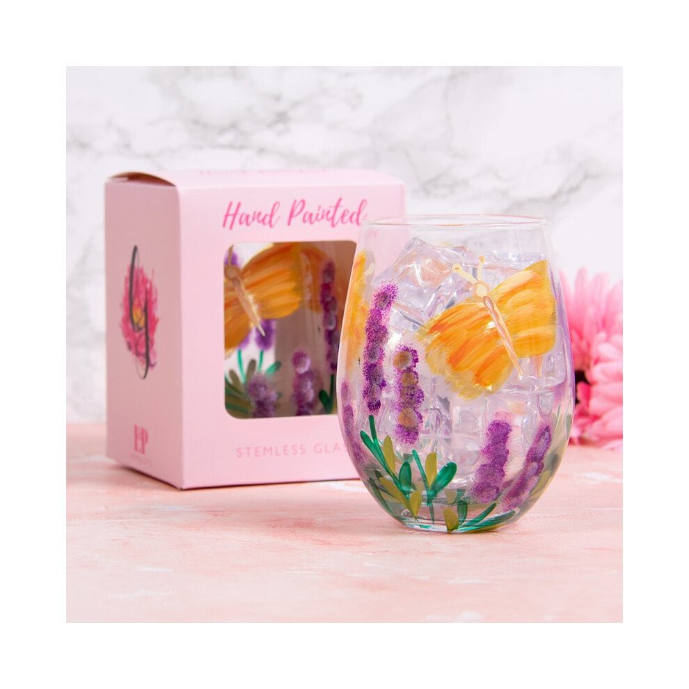 Stemless Gin Glass 500ml Hand Paint Copa Butterfly Flower Design Floral Tumbler