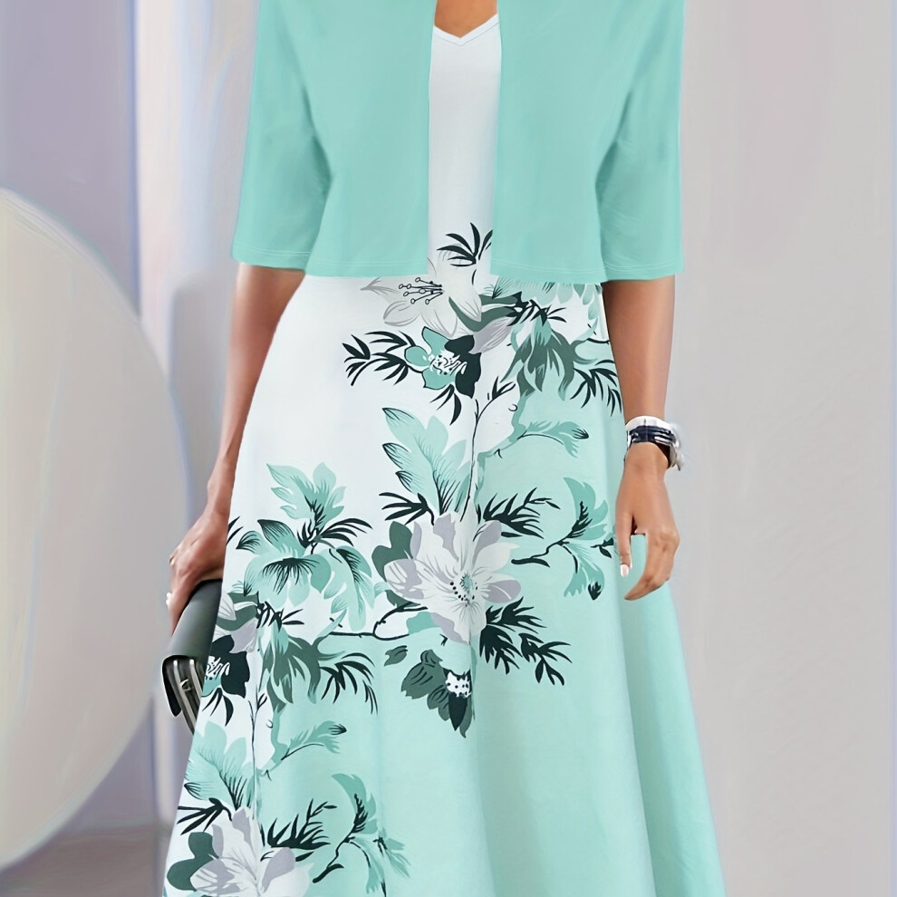(Pastel Blue, M(6)) Elegant Two-piece Dress Set, Crop Half Sleeve Top & Floral Print Tank Dress Outfits, Women's Clothing