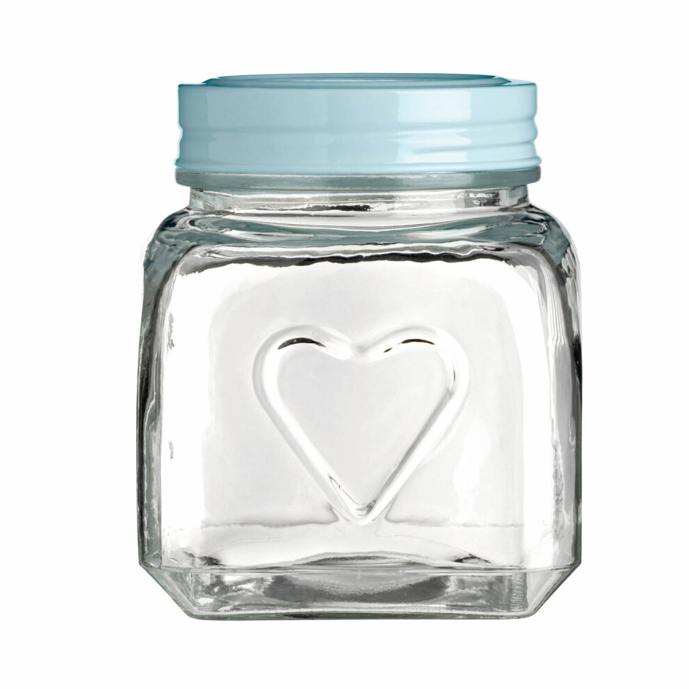 900ml Embossed Heart Glass Storage Jar Container Aqua Blue Lid Food Canister New