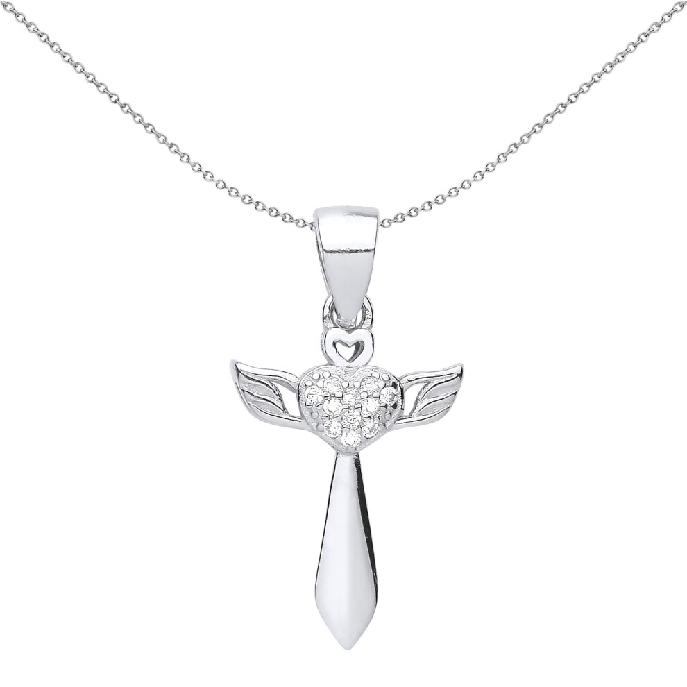 Jewelco London Unisex Rhodium Plated Sterling Silver CZ Love Heart Angel Wings Cross Pendant Necklace 18 inch - GVX058