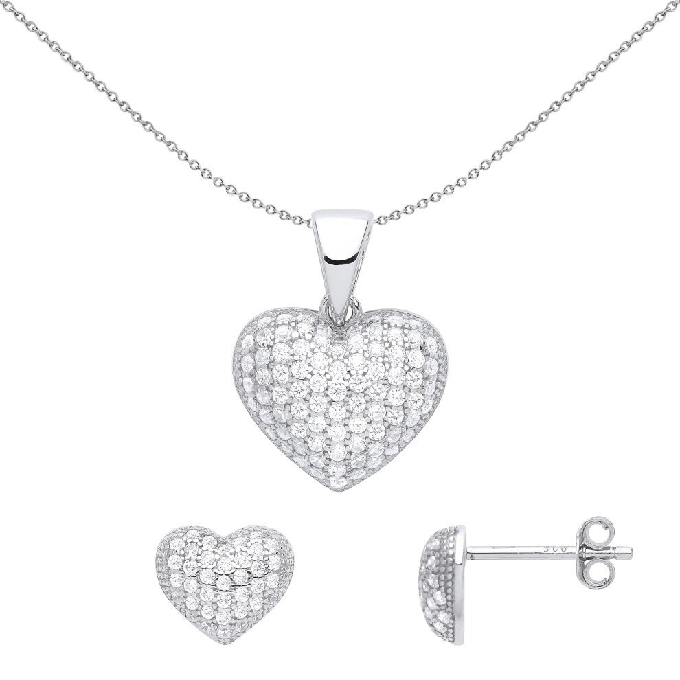 Jewelco London Ladies Rhodium Plated Sterling Silver CZ 3D Domed Love Heart Pave Cluster Earrings Necklace Set - GSET626