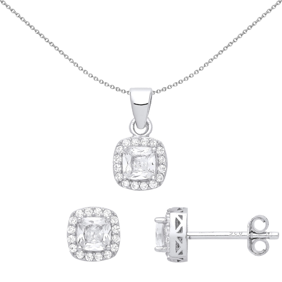 Jewelco London Ladies Rhodium Plated Sterling Silver Cushion CZ TV Square Halo Solitaire Earrings Necklace Set - GSET628