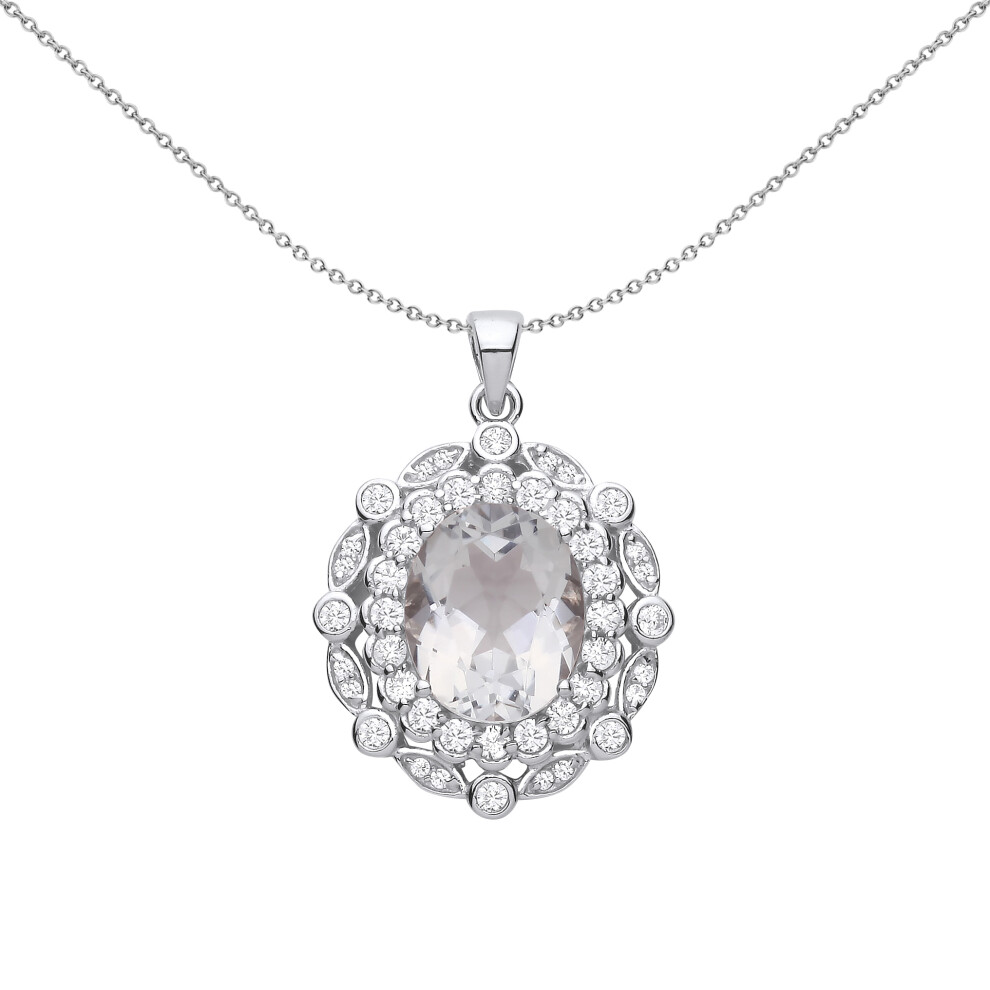 Jewelco London Ladies Sterling Silver Green Oval Quartz CZ Scallop Edge Peapod Halo Cluster Pendant Necklace 18 inch - GVP678