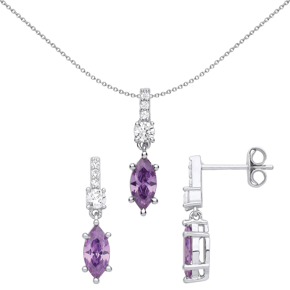 Jewelco London Ladies Rhodium Plated Sterling Silver Lilac Marquise CZ Torpedo Chandelier Drop Earrings Necklace Set - GSET651