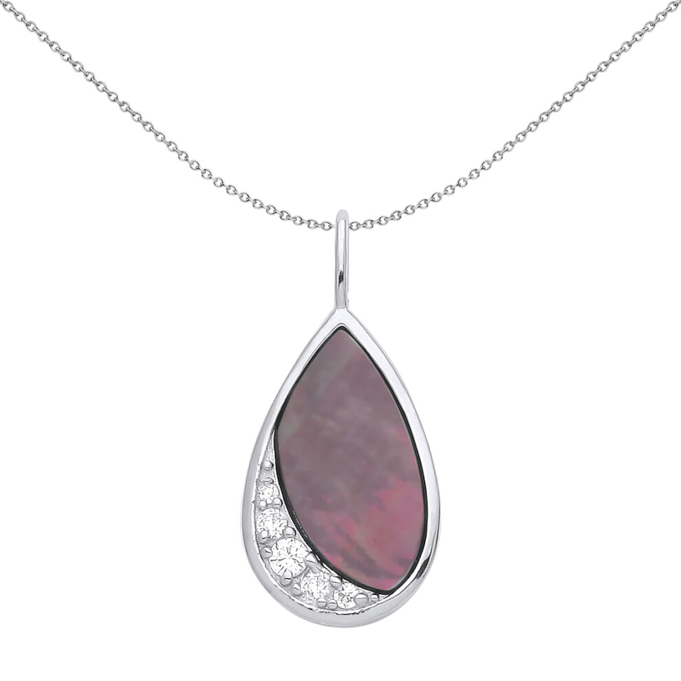 Jewelco London Ladies Sterling Silver Black Pear CZ Mother of Pearl Purple Lagoon Beach Teardrop Pear Necklace 18 inch - GVP551