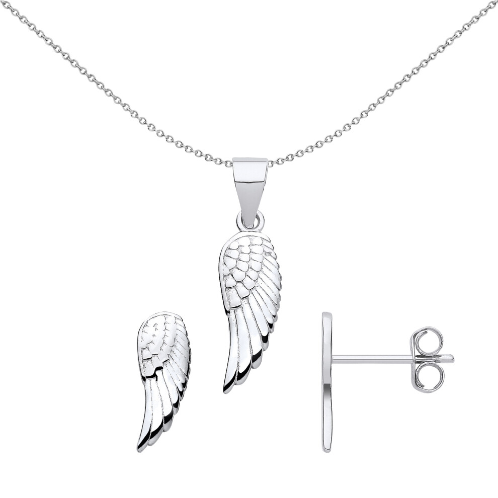 Jewelco London Ladies Rhodium Plated Sterling Silver Feather Angel Wings Earrings Necklace Set - GSET654